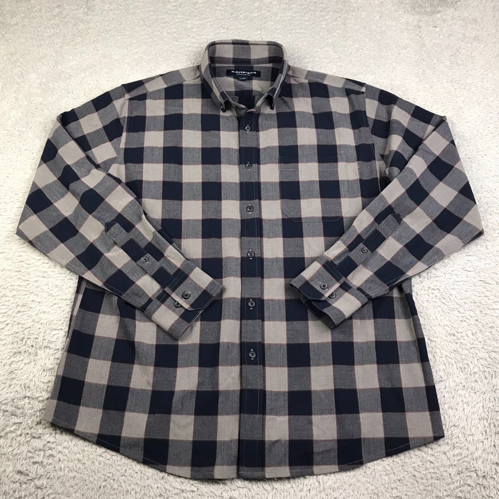 Mizzen Main Shirt Mens L Classic Navy/Gray Plaid Performance Menswear LS